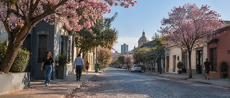 Calle de Asunción con lapachos en flor y edificios bajos por la mañana