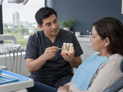 Implantólogo muestra un modelo de implante dental a una paciente en el sillón