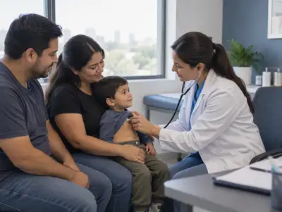 Médica de familia atiende a una madre, un padre y su hijo en el consultorio