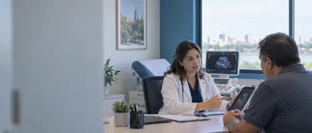 Médica especialista conversa con un paciente de mediana edad en un consultorio moderno