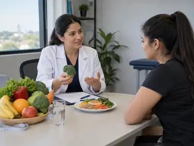 Nutricionista conversa con una paciente joven con frutas y verduras sobre la mesa