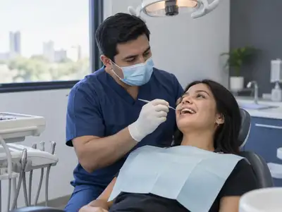 Odontólogo revisa los dientes de una paciente sonriente en el sillón dental