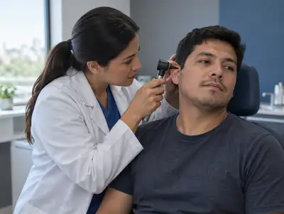 Otorrinolaringóloga examina el oído de un paciente con un otoscopio