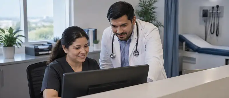 Secretaria y médico revisan la agenda de turnos en una computadora del consultorio