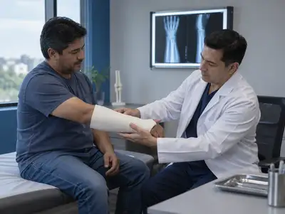 Traumatólogo revisa el brazo enyesado de un paciente, con una radiografía detrás