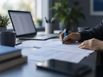 Manos revisando listas impresas con un resaltador junto a una computadora portátil